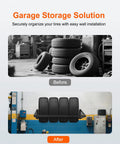 Heavy Duty Steel Wall Mounted Tire Rack Holds Thirty One To Fifty Six Inches in a garage with organized tires on wall.