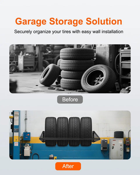 Heavy Duty Steel Wall Mounted Tire Rack Holds Thirty One To Fifty Six Inches in a garage with organized tires on wall.