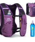 Ultra Lightweight 8L Hydration Vest with 500ml Bottle, breathable purple running pack, front and back views, hands-free hydration