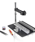 Magnetic Hands Free Circuit Board Holder With Telescopic Hot Air Gun Bracket, slotted aluminum L brackets on black base