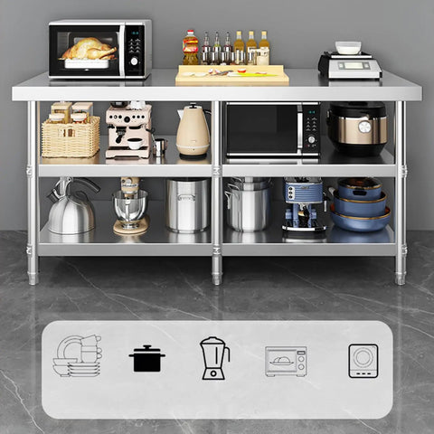 Heavy Duty Three Layer Stainless Steel Workbench Kitchen Countertop Rock Solid Prep Table With Adjustable Legs Reinforced Base Built Tough To Handle Heavy Loads with kitchen appliances