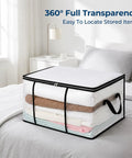 Giant Clear View Storage Bag For Blankets And Comforters Super Spacious Eighty Liter See Through Organizer For Winter Gear And Stuff with fluffy blankets inside.
