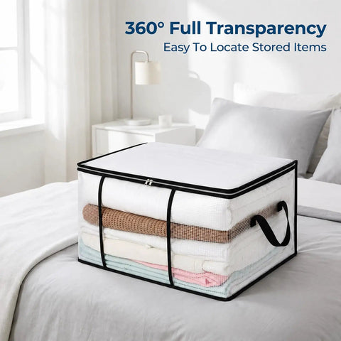 Giant Clear View Storage Bag For Blankets And Comforters Super Spacious Eighty Liter See Through Organizer For Winter Gear And Stuff with fluffy blankets inside.