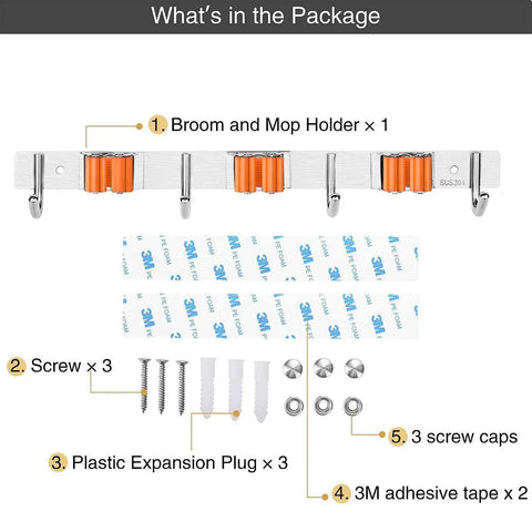 Package contents of Orange Stainless Steel Broom Mop Holder Wall Mount Organizer With 3 Heavy Duty Racks And 4 Hooks shown.