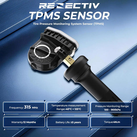 Ford TPMS Sensor 315MHz Replacement Set Of 4 For Tire Pressure Monitoring System Fits 2017 2024 Edge EcoSport Escape Bronco Bronco Sport Endura E Series Plug And Play Easy Install Premium Quality on blue background
