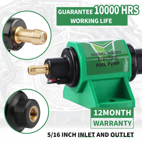Universal 12V Diesel Fuel Pump 5-9 PSI, 35 GPH, 12D Super Model, Five Sixteenth Inch Inlet And Outlet, image showing close-up and warranty
