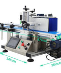 Lay Off The Manual Grind With This Automatic Round Bottle Labeling Machine Featuring A HighSpeed QuickPrint Encoder And Smooth Conveyor For 15 To 39 Inch Bottles - showing dimensions and control panel details.