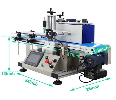 Lay Off The Manual Grind With This Automatic Round Bottle Labeling Machine Featuring A HighSpeed QuickPrint Encoder And Smooth Conveyor For 15 To 39 Inch Bottles - showing dimensions and control panel details.