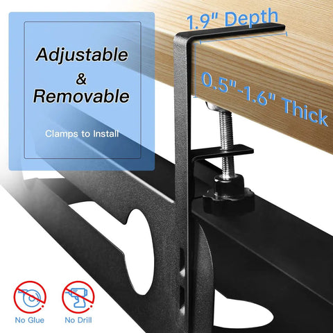 Close-up of adjustable clamp on under desk cable management tray set no drill wire organizer for office and home standing desk black 2 pack