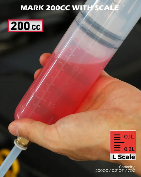 200Cc No Sweat Fluid Extractor Pump With Hella Long Flexible Silicone Hose And Twin Extension Tubes measurement display in hand