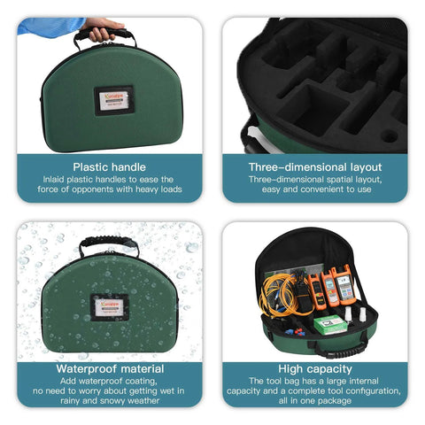 Komshine KLT-12E fiber tester kit case: green hard-shell with handle; interior foam; waterproof; toolkit with meters.