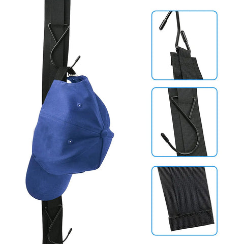 Portable Hockey Gear Drying Rack With Five Sturdy Hooks displaying a blue cap on one hook, close-up of hook detail and strap material