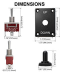 Momentary Toggle Switch 12V 30A SPDT 3 Pin On Off On Waterproof Marine Panel Mount With Cable Cap Weatherproof Construction Built For Boat Winch Auto Truck RV And Beefy Heavy Duty Ten Thousand Cycles dimensions shown with panel and switch views
