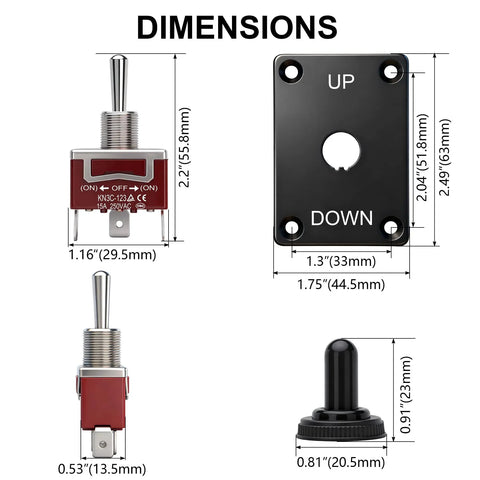 Momentary Toggle Switch 12V 30A SPDT 3 Pin On Off On Waterproof Marine Panel Mount With Cable Cap Weatherproof Construction Built For Boat Winch Auto Truck RV And Beefy Heavy Duty Ten Thousand Cycles dimensions shown with panel and switch views