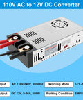 Easy To Use Universal 110V To 12V AC DC Converter Power Supply with alligator clips, direct wire connections, 600W 50A output