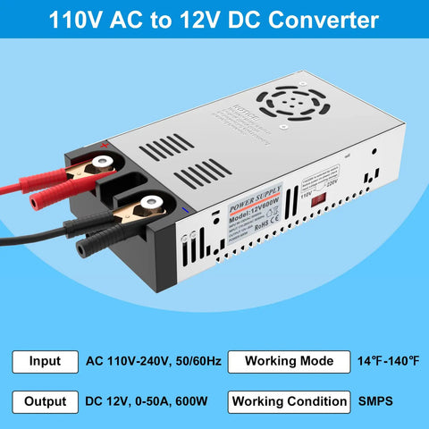 Easy To Use Universal 110V To 12V AC DC Converter Power Supply with alligator clips, direct wire connections, 600W 50A output