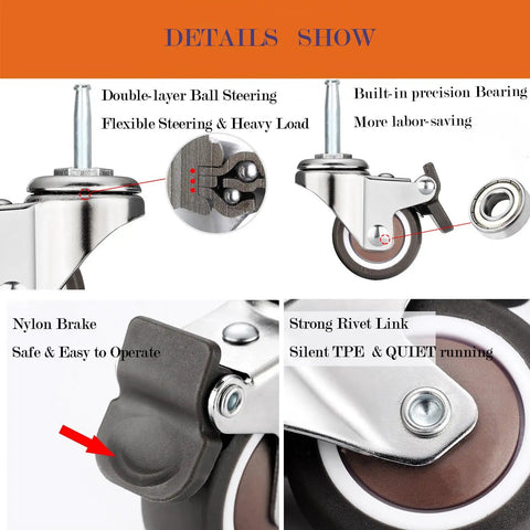 Stem Caster Wheels With 5/16 Inch By 1-1/2 Inch Stem Sockets TPR Swivel Casters detail of double-layer ball steering and nylon brake.
