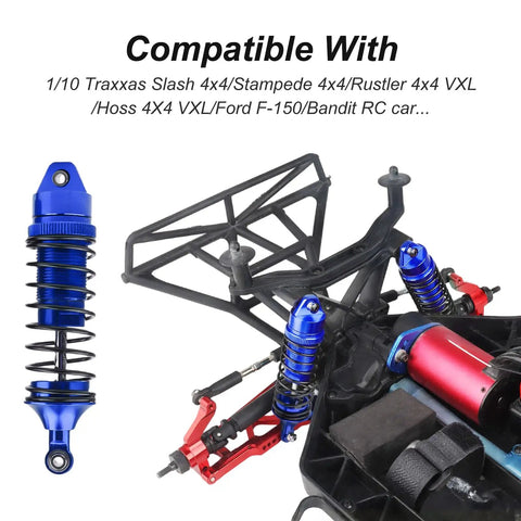 All Metal Shocks Set 1/10 Scale RC Cars Blue 4 Pack Oil Type Unoiled for Adjustable Damping Compatible With Traxxas Slash 4x4 displayed