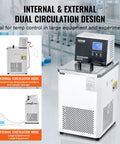 Heavy Duty Lab Chiller Smooth Operator Circulator Rock Solid Temp Control Six Liter Stainless Steel Tub with dual circulation design display.