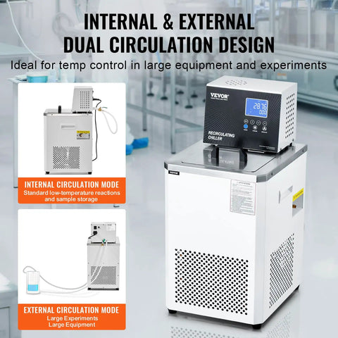 Heavy Duty Lab Chiller Smooth Operator Circulator Rock Solid Temp Control Six Liter Stainless Steel Tub with dual circulation design display.