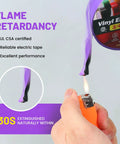Testing flame retardancy on Purple Electrical Tape Five Pack Pro Grade Heavy Duty Industrial UL CSA Listed Seven Mil Thick Waterproof 66 Feet PVC Tape For High Temp 600V Electric Use.
