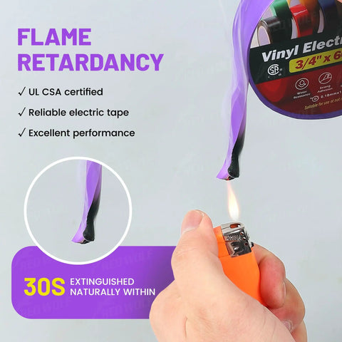 Testing flame retardancy on Purple Electrical Tape Five Pack Pro Grade Heavy Duty Industrial UL CSA Listed Seven Mil Thick Waterproof 66 Feet PVC Tape For High Temp 600V Electric Use.