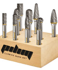 Tungsten carbide burr set, 1/4" shank, 10 pcs, double-cut rotary bits on wooden block