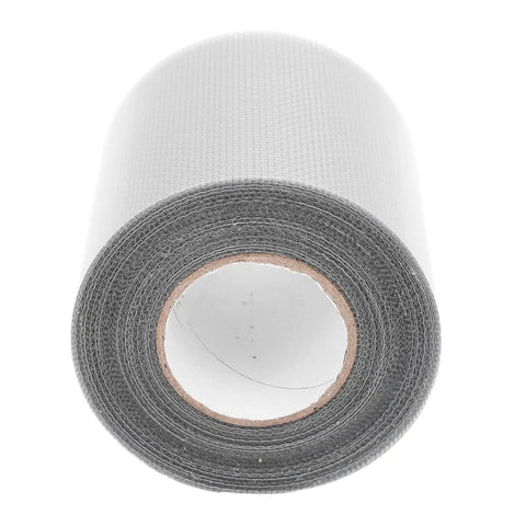 Front view of Window Screen Repair Tape, Clear Self Adhesive Mesh Patch That Sticks Like Crazy For Quick Fixes On Tents, Pools And Car Screens, Discreet Gray Patch For Seamless Repairs, showing roll of gray mesh tape.