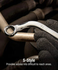 Gloved hand using SAE S-Style Wrench Set 5-Piece, 5/16 x 3/8 to 11/16 x 3/4 Inch, Alloy Steel, in tight automotive space.