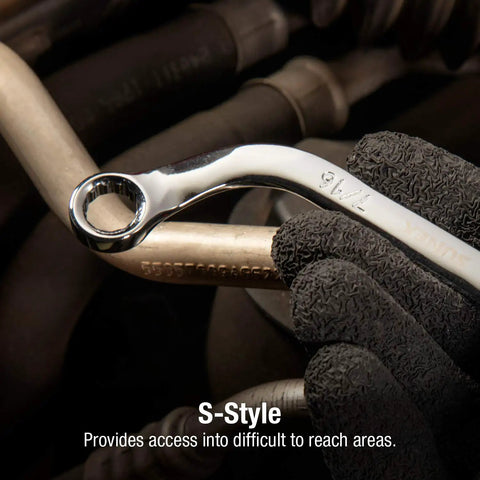 Gloved hand using SAE S-Style Wrench Set 5-Piece, 5/16 x 3/8 to 11/16 x 3/4 Inch, Alloy Steel, in tight automotive space.