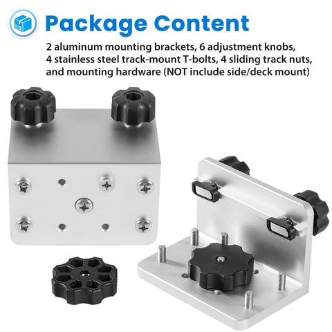 2 Pack 90 Degree Boat Gunnel Track Mount Brackets for Rod Holders, Downriggers, Fish Finders and Marine Accessories, Aluminum Mounting Bases for Anglers, Easy DIY Boat Rig Up and Extra Mounting Spots package contents with brackets, knobs, T-bolts and nuts