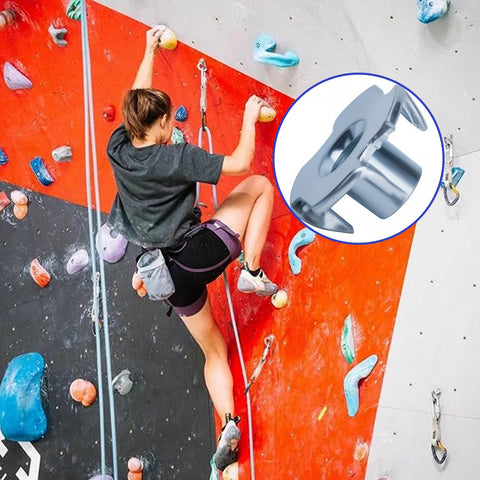 Woman on climbing wall with inset of 100 Pack 1 Quarter Inch 20 T Nuts Zinc Plated Steel Threaded Inserts Five Sixteenth Inch Barrel Length