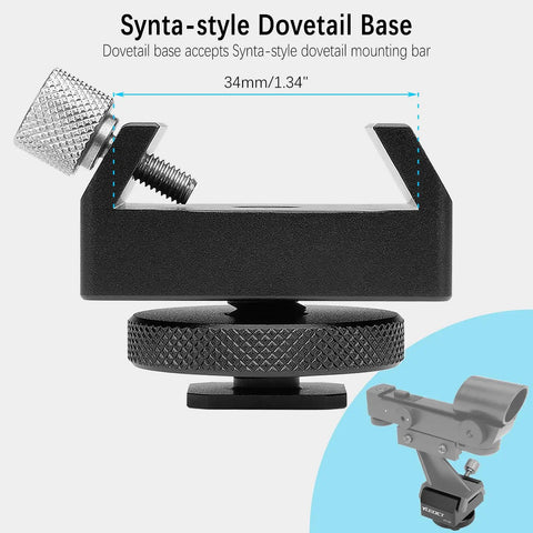 Finderscope Mount Adapter With Dovetail Base And 1/4 Inch Threaded Hole, shown with knurled lock, black metal material.