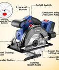 Kickass 20V Cordless Circular Saw With 4 Ah Battery And Charger Producing 4500 Rpm No Load Speed And Quick Bevel Adjustments for detailed parts view.