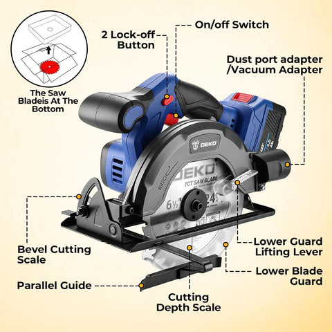 Kickass 20V Cordless Circular Saw With 4 Ah Battery And Charger Producing 4500 Rpm No Load Speed And Quick Bevel Adjustments for detailed parts view.