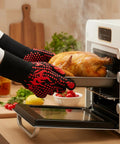 Using Heat Resistant BBQ Grilling Gloves For Men And Women Up To 1472F With Meat Thermometer Probe Auto Off while baking a chicken.