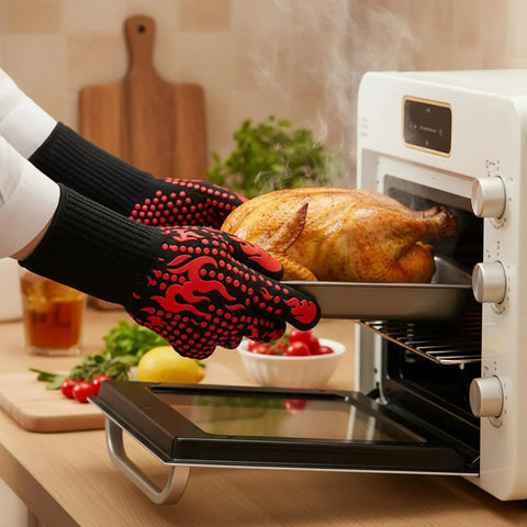 Using Heat Resistant BBQ Grilling Gloves For Men And Women Up To 1472F With Meat Thermometer Probe Auto Off while baking a chicken.
