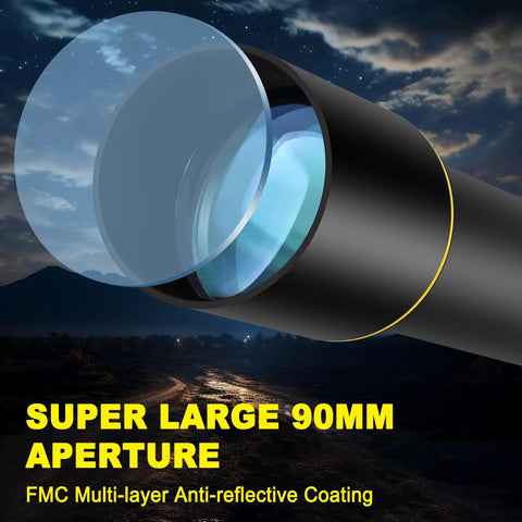 Close-up of high powered 90mm aperture telescope lens with multi-layer anti-reflective coating for grownups, beginners, and kids