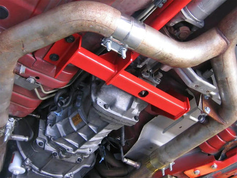 Torque Arm Relocation Kit For 1998 To 2002 Camaro Firebird With Manual Transmission Red Finish Street Ready That Boosts Launch And Driveline Stability Direct Fit For GM F Body Cars installed under chassis