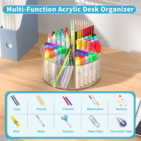 Six-Compartment Spinning Acrylic Desk Organizer for Kids and Crafters, 360 Degree Lazy Susan filled with art supplies on desk