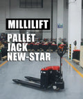 MilliLift Electric Pallet Jack Nails 3300 Lbs With Heavy Duty Forks And LiFePO4 Battery in warehouse showing new models.