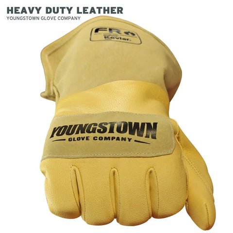 Grippy Leather Utility Work Gloves With Long Cuff For Men Kevlar Lined For Superior Cut And Puncture Resistance Flame Resistant Arc Rated Black And Tan X Large, showing Youngstown branding and heavy duty leather.