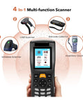 Heavy Duty Handheld Wireless Bar Code Scanner With Dead Fast Capture Rate And Fo Sho Reliable Data Transfer For Secure Stock Audits And Game Changing Warehouse Inventory Management displaying four scanning functions including USB, wireless, and inventory counter.