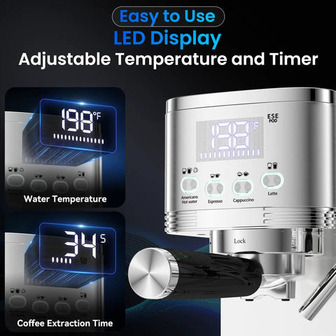 Pro Grade 20 Bar Espresso Machine With Automatic Milk Frother And Precision Temperature Control For Low Stress Home Brewing and Easy to Use LED Display showing temperature and timer.