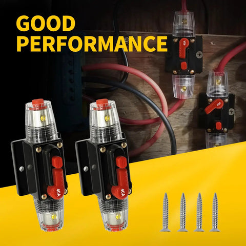 40 Amp Manual Reset Circuit Breaker DC 12 To 48V Waterproof Inline Fuse Holder with installation view and screws
