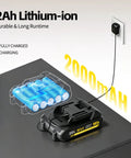 20 Volt Cordless Drill And Driver Combo Pack With Long Lasting Battery And Quick Charge Adapter, charging 2Ah lithium-ion battery with indicator.