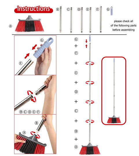 Heavy Duty Long Handle Outdoor Broom 62 Inch For Tough Yard Work And Garage Cleanup Hard Bristle Sweep Brush assembly instructions with parts indicated.