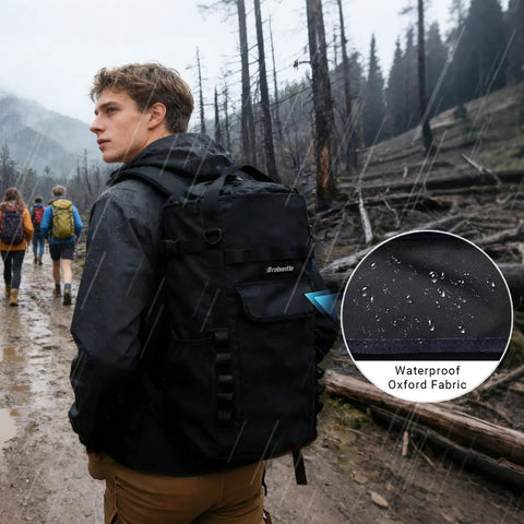 Hiker in rain with Rugged Large Capacity Climbing Rope Bag Built For Outdoor Climbers Waterproof Oxford Shell