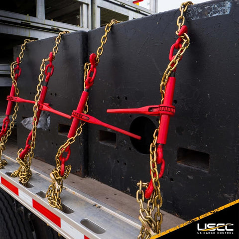 Heavy Duty Ratchet Chain Binders For One Quarter Inch To Five Sixteenths Inch Chains, 4-Pack With 3150 Lbs Working Load Limit, Works With Grade 70 Chain One Quarter Inch And Grade 43 Chain One Quarter Or Five Sixteenths Inch, Two Grab Hooks Per Binder, securing concrete on trailer