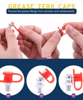 Hands holding SAE Hydraulic Grease Fittings Kit With Plastic Caps, showing 180, 45, and 90-degree angles.